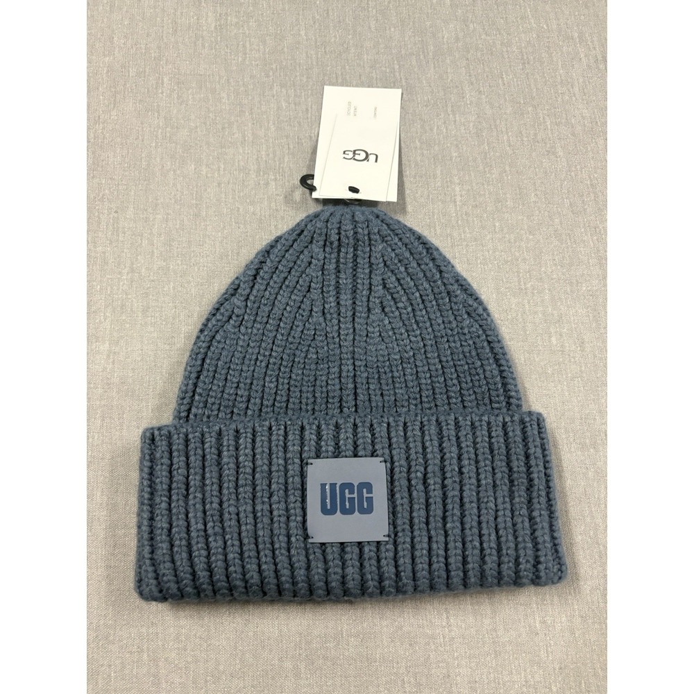 UGG Chunky Rib Beanie Cuffed Knit Mens One Size Dark Wave Blue Wool Blend NWT